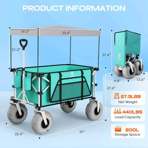 Beach Wagon With Balloon Wheels For Sand, Extra Large 200L Cargo Cart With Canopy, Heavy Duty Folding Wagon Holds 440 Lbs, 9 Inch Tires