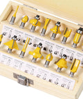 15 Piece One Quarter Inch Shank Tungsten Carbide Router Bit Set in a wooden case with labeled slots.