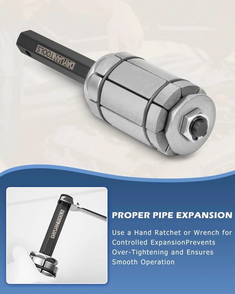 DAYUAN TOOLS exhaust pipe expander set, 3-piece kit for 1-1/8 to 3-1/2 inch pipes, metal gray, side view.