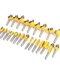 24 Piece 1/4 Inch Shank Router Bit Set Premium Carbide Cutters For Sharp Trimming Engraving Milling showing various router bits.