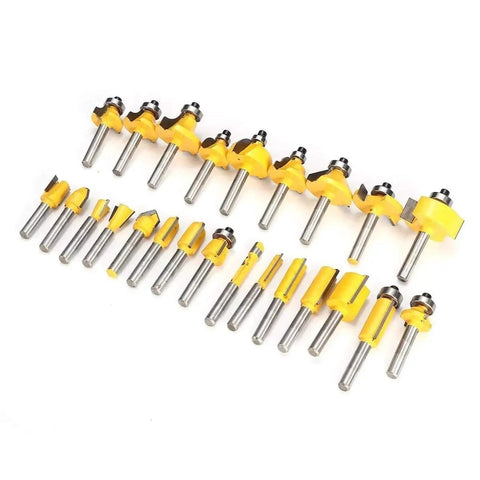 24 Piece 1/4 Inch Shank Router Bit Set Premium Carbide Cutters For Sharp Trimming Engraving Milling showing various router bits.