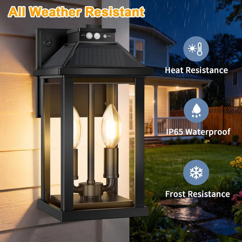 Rock Solid Solar Porch Light Outside With Smart Motion Sensor And Dusk To Dawn Auto Switch For Waterproof Garage Yard Gate and Front Door Security Zero Hassle Upkeep Outdoor Pathway Lamp mounted on wall with clear glass and black housing.