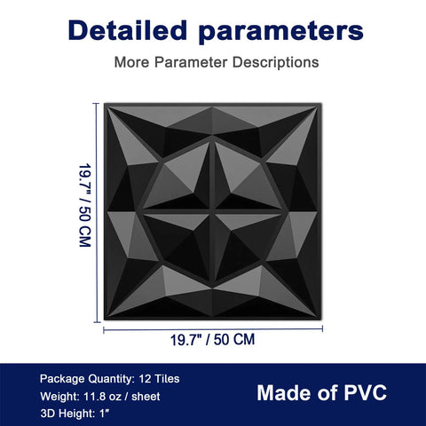 3D Wall Panels Black Textured PVC Tiles, 19.7 By 19.7 Inches, Pack Of 12, dimensions description image.