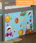 Twin Loft Bed With Built In LED Lights And Remote Control, 4 Storage Shelves, Removable Curtain, 15 Inch Guardrail, Space Saving Kids Wood Loft Bed, Mattress Not Included, Gray, featuring universe-themed curtain.