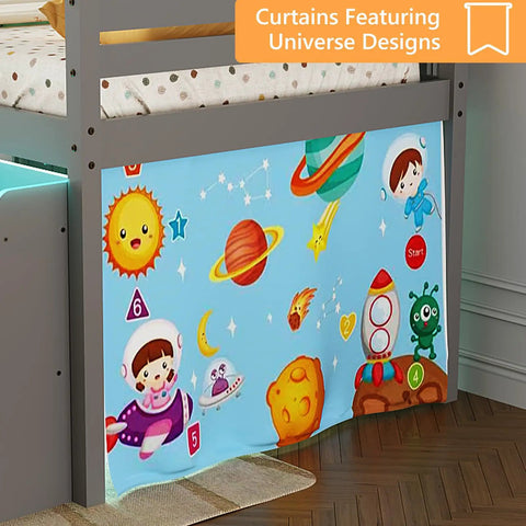 Twin Loft Bed With Built In LED Lights And Remote Control, 4 Storage Shelves, Removable Curtain, 15 Inch Guardrail, Space Saving Kids Wood Loft Bed, Mattress Not Included, Gray, featuring universe-themed curtain.