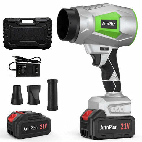 Ridiculously Lightweight Cordless Leaf Blower With 950000 RPM Power, 21V 4.0Ah Battery And Fast Charger kit, visible accessories