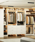 Top Notch White Closet Storage System Featuring Six Sturdy Wood Drawers Six Hanging Rods Corner Tower Shelf And Open Bottom Shoe Bin in a spacious closet.