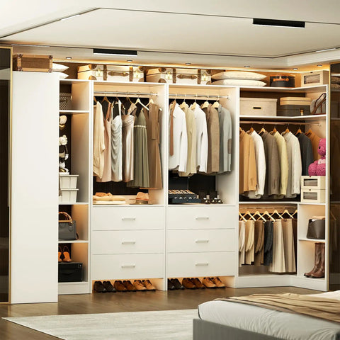 Top Notch White Closet Storage System Featuring Six Sturdy Wood Drawers Six Hanging Rods Corner Tower Shelf And Open Bottom Shoe Bin in a spacious closet.