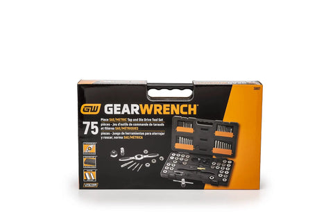 Front view of GearWrench Model 3887 package for 77 Piece SAE And Metric Ratcheting Tap And Die Set With Twist Lock Guide System