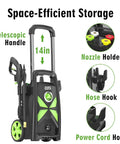 Electric Pressure Washer 2800 Max PSI 2.4 GPM with telescopic handle and nozzle holder for space-efficient storage.