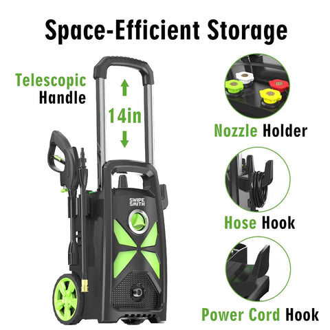 Electric Pressure Washer 2800 Max PSI 2.4 GPM with telescopic handle and nozzle holder for space-efficient storage.