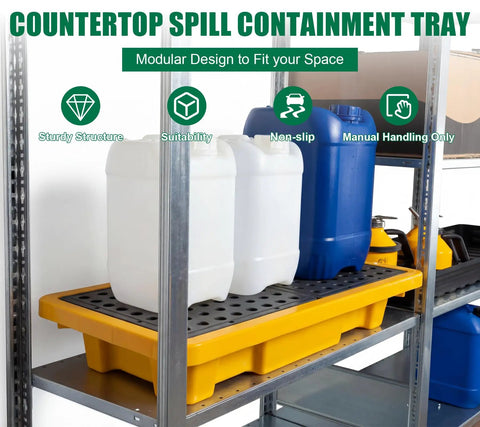 3 Pack Spill Containment Pallets With Drain 26 X 14 X 4.7 Inch 5.3 Gallon Capacity Countertop Spill Tray holding barrels