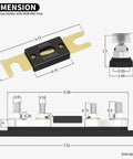 Top Notch ANL Fuse Holder Set Loaded With 600A Fuse And M10 Stud Terminals Max 750A Heat Bashing Capacity dimensions diagram