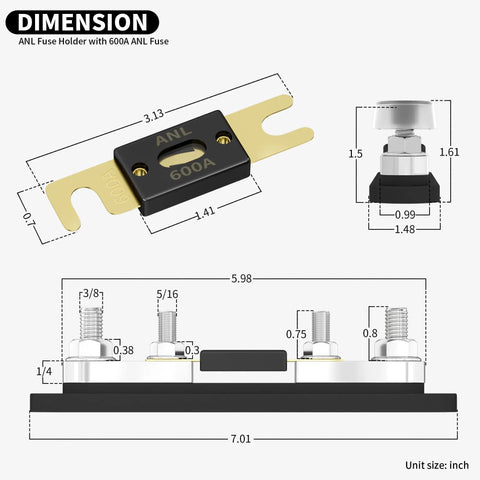 Top Notch ANL Fuse Holder Set Loaded With 600A Fuse And M10 Stud Terminals Max 750A Heat Bashing Capacity dimensions diagram