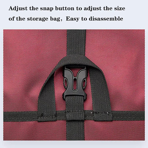 Close-up of black snap button on Climbing Quickdraw Hanging Storage Bag With Carabiner Hook Organizer, red 420D waterproof nylon material