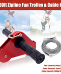 160 Ft Zip Line Kit For Backyard And Parks, kids using outdoor zipline with red trolley and cable, supports 330 lbs