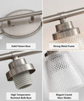 Close-up details of Modern Bathroom Vanity Light Fixture Over Mirror 4 Light Crystal Glass Wall Sconces Brushed Nickel Finish