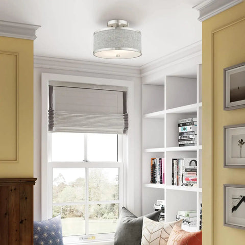 Two Light Brushed Nickel Semi Flush Ceiling Light With Gray Fabric Hardback Shade 11x11x8 Inches installed in a cozy room