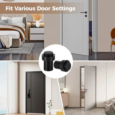 10 Piece Set Of Stainless Steel Door Stops With Dual Rubber Bumpers for Home and Office in various settings