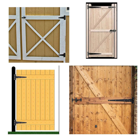 Various wooden gates with black hardware showcasing Dang Tough Heavy Duty 4 Inch Black Tee Hinges For Barn Gates And Fences Rustproof Wrought Iron.