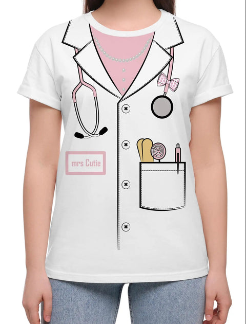 Funny Doctor Lab Coat Costume For Halloween Party Unisex Medical T Shirt White Lookalike Scrubs Tee For Adults Women Men