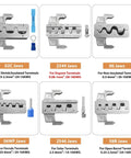 All In One 6 In 1 Crimping Tool Kit With Quick Change 6 Dies Ratcheting Wire Crimper Tool For DuPont Ferrule Open Barrel Heat Shrink Insulated Non Insulated Solar Case Included showing die sizes and types.