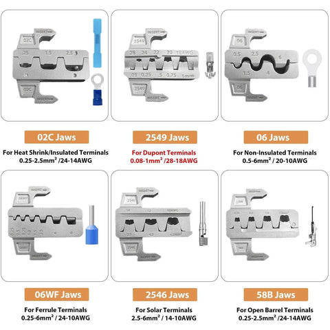 All In One 6 In 1 Crimping Tool Kit With Quick Change 6 Dies Ratcheting Wire Crimper Tool For DuPont Ferrule Open Barrel Heat Shrink Insulated Non Insulated Solar Case Included showing die sizes and types.