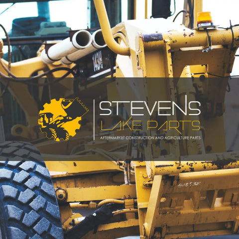 Yellow construction vehicle with aftermarket parts logo Stevens Lake Parts