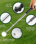 Illustration of Retractable Golf Swing Trainer With Arm Band For Right Handed Golfers, highlighting features like rubber grip and stainless steel.