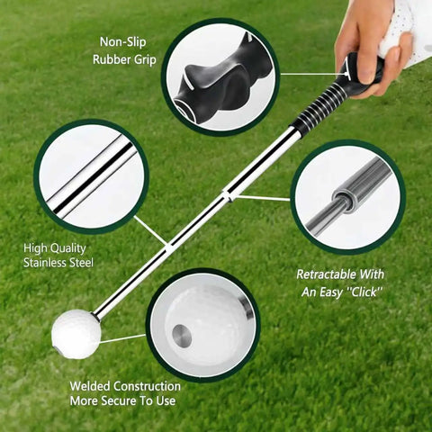 Illustration of Retractable Golf Swing Trainer With Arm Band For Right Handed Golfers, highlighting features like rubber grip and stainless steel.