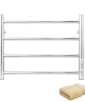 Wall Mounted Heated Towel Warmer With Built In Timer Four Bar Stainless Steel Rack Brushed Nickel For Bathroom IP56 Waterproof Plug In 120V Quick Warm Towels And Cozy Dry After Shower showing four polished bars.
