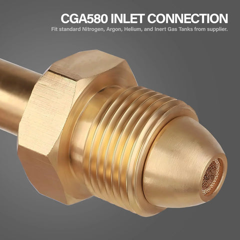 Close-up of brass nitrogen regulator inlet connection with CGA580 thread and 1/4-in male flare outlet.