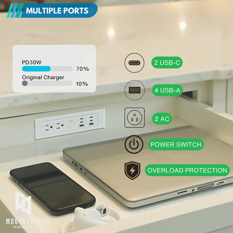 Drawer Outlet Kit With Four USB C PD30W Fast Chargers Plus Two USB A And Two Tamper Resistant Outlets in desk drawer