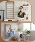 Wall Mounted Foldable Drying Rack With Sturdy Wood Rod, Space Saving Laundry Clothes Hanger For Bathroom Or Mudroom, woman holding laundry basket.