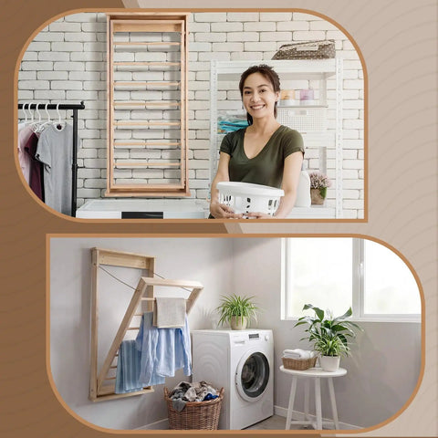 Wall Mounted Foldable Drying Rack With Sturdy Wood Rod, Space Saving Laundry Clothes Hanger For Bathroom Or Mudroom, woman holding laundry basket.