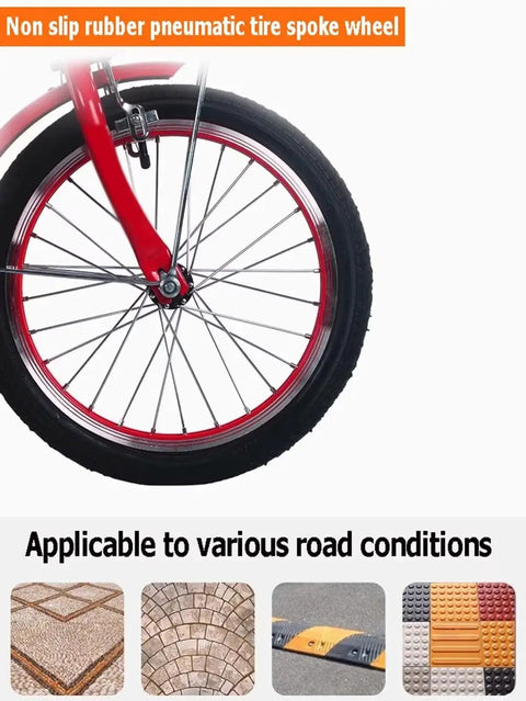 Close-up of front pneumatic tire of Dual Seat Pedal Tricycle For Kids And Adults, Tandem Cruiser with 20-inch wheel.