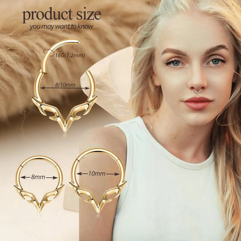 Model wearing Gold Blade Wings V Shape Septum Ring 16G 1.2mm Stainless Steel Nose Hoop; product size shown in detail.