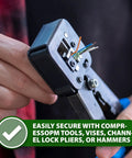 Person using a crimping tool on wires, demonstrating installation of Aluminum Crimping Sleeves Set One Thirty Second Inch Double Barrel Cable Crimps Wire Ferrules For Rope Ends 200 Pack Rugged Heavy Duty Rust Resistant Easy Install Secure Wire Rope Connectors.