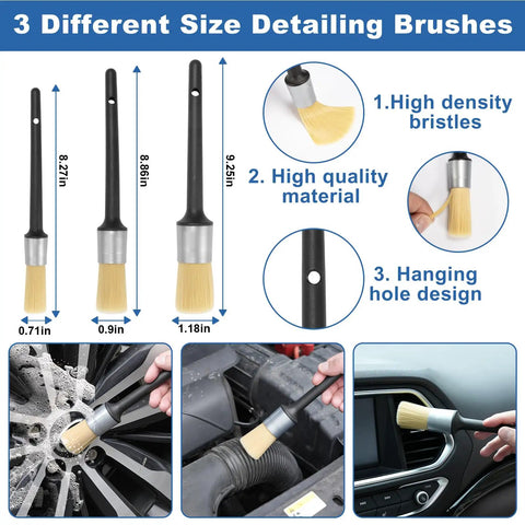 Windshield Cleaner Tool And 13 Piece Car Interior Cleaning Kit with detailing brushes in use on wheel and vent