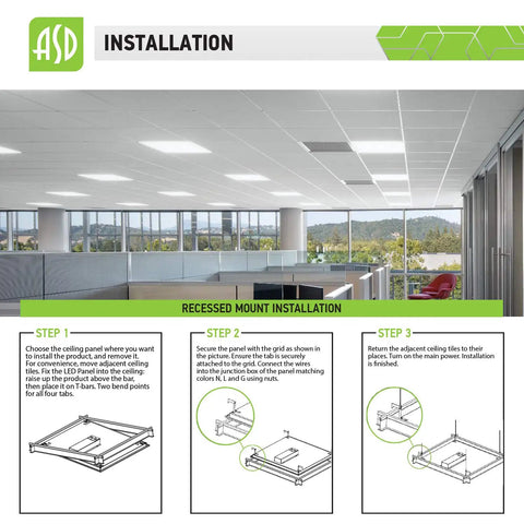 Installation guide for 2x2 LED Flat Panel Light Edge Lit Dimmable 27W 3005LM Fixture 4000K Bright White drop ceiling