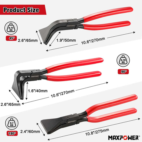 Three Piece Sheet Metal Bending Pliers Set With Straight 45 Degree And 90 Degree Jaws For Roofers And Plumbers