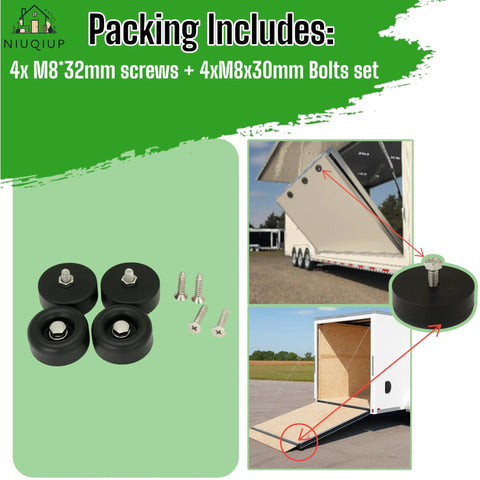 Four Pack 2.5 Inch Heavy Duty Rubber Bumpers for Trailer Ramps and Truck Cargo Doors with hardware kit shown.