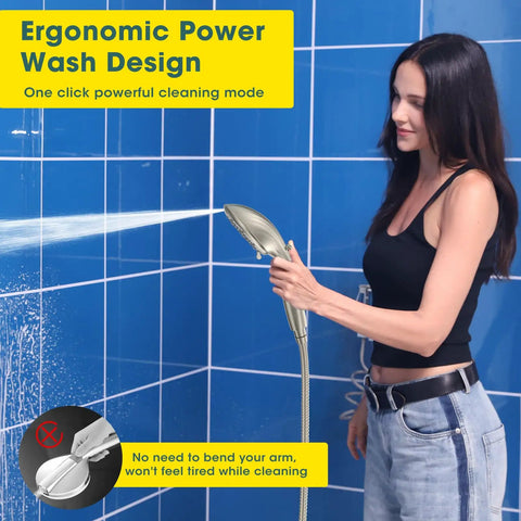 Person using Eight Mode Handheld Shower Head With Built-In Filter For Hard Water, 20-Stage Filtration, Brushed Nickel.