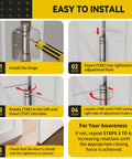 Joyny 3-pack 4-inch brushed nickel self-closing door hinges; instructional installation steps collage.