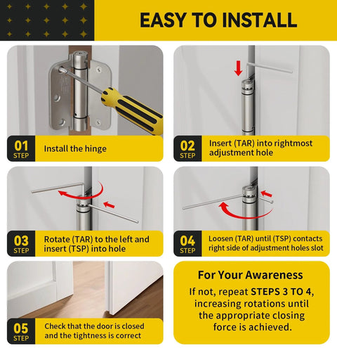 Joyny 3-pack 4-inch brushed nickel self-closing door hinges; instructional installation steps collage.