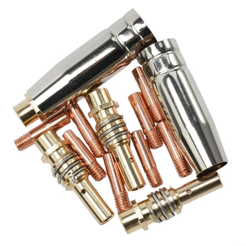 Premium 16-Piece TIG Welding Nozzle Kit for 15AK Torch With Pure Copper Tips And Holders Includes, featuring copper tips and holders.
