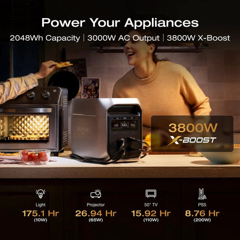 Delta 3 Max Plus Portable Power Station With 2048Wh LiFePO4 Battery Solar Generator Optional 3000W Max Output in kitchen scene