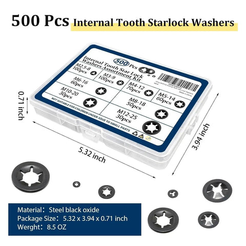 All In One 500 Pcs Internal Tooth Serrated Lock Washers Set M2.5 To M12 Anti Loosen Anti Vibration Fasteners Kit For Precision Machinery DIY Projects And Heavy Duty Assemblies Industrial Grade Gearhead Approved, steel black oxide case