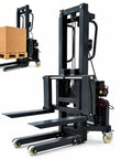CNFKF Electric Pallet Stacker With Telescopic Fork lifting a box on a pallet, showcasing hydraulic lift design and adjustable forks.