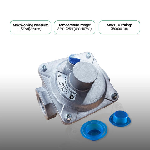 FENDITEK 3/4 in NPT natural gas pressure regulator with metal body; includes two blue caps.
